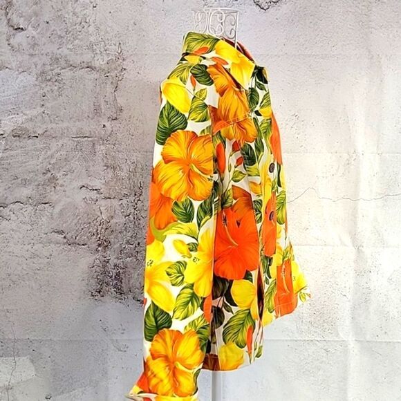 Coldwater Creek jean jacket tropical floral print - orange & yellow Size S - Picture 5 of 9